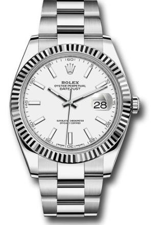 Replica Rolex Steel and White Gold Rolesor Datejust 41 Watch 126334 Fluted Bezel White Index Dial Oyster Bracelet